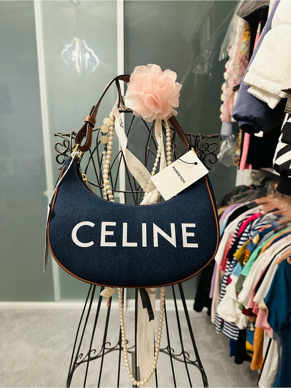 Celine Navy Canvas Shoulder Bag with Brown Trim